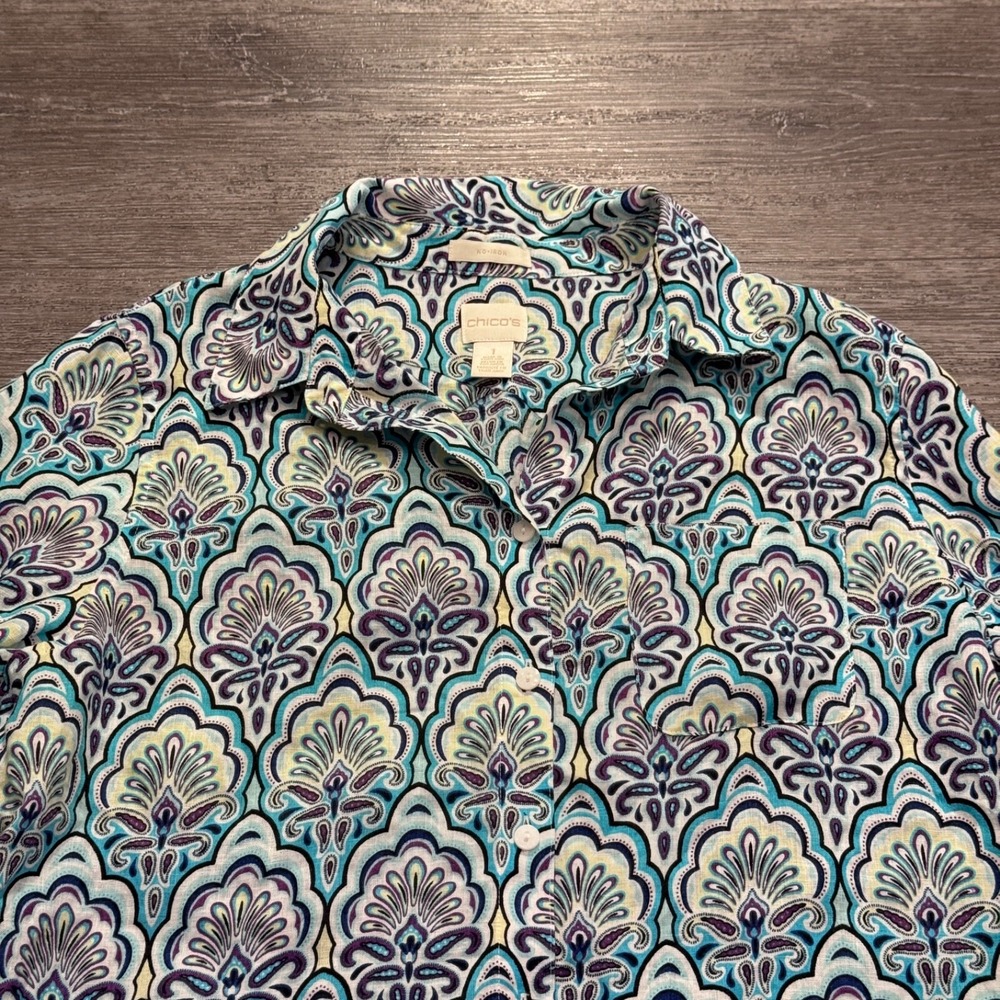 Chicos Shirt Women 1 M Blue Paisley 100% Linen No Iron Button Down Blouse Top